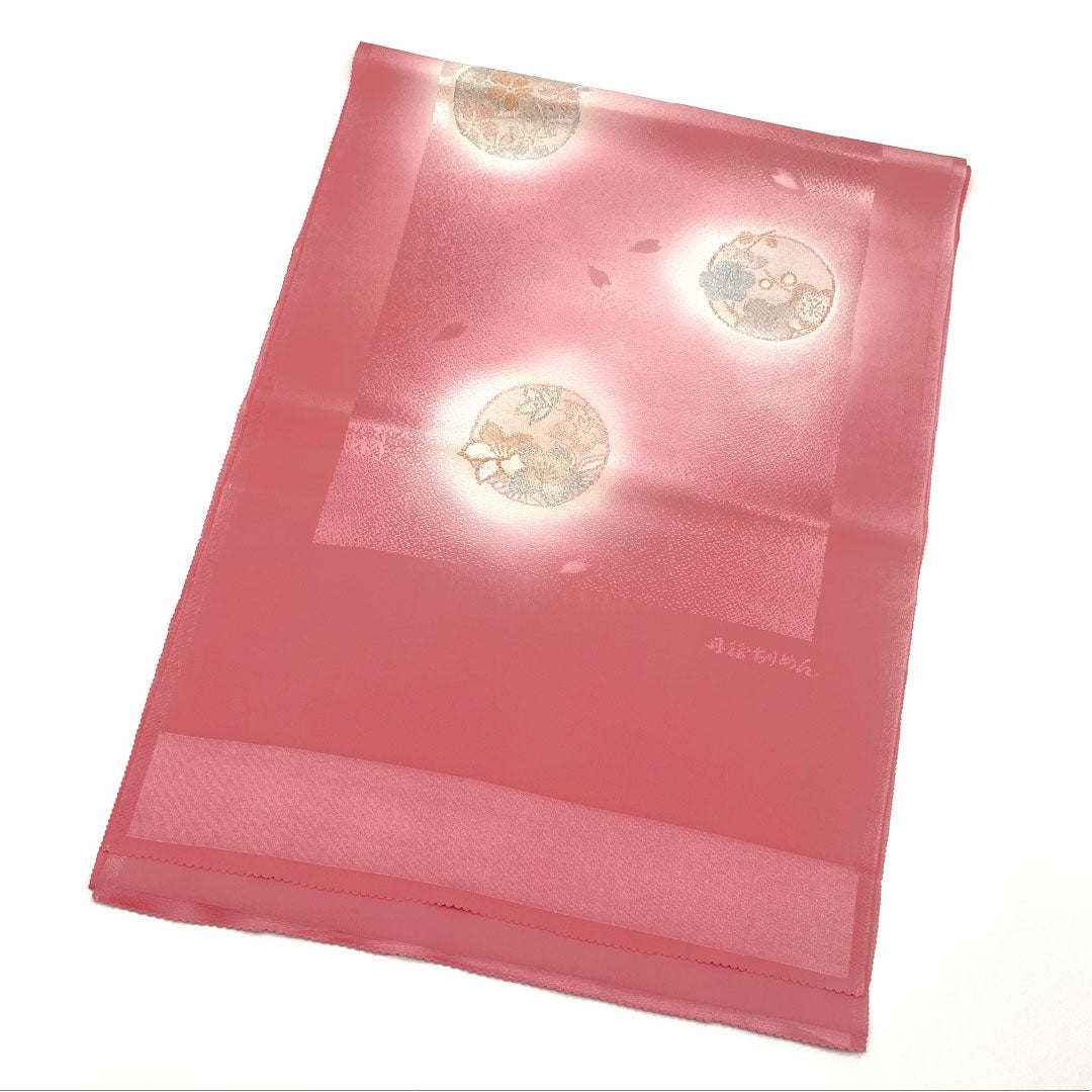 (Like New) Silk Obiage (Semi-Formal) Medium Crimson Flowers (Nakano Kurenai Iro) Tango Chirimen (Crepe) with a Circle and Cherry Blossom Design, Approximately 180cm Long, 31cm Wide, Pink, Product Number: 1136001311913