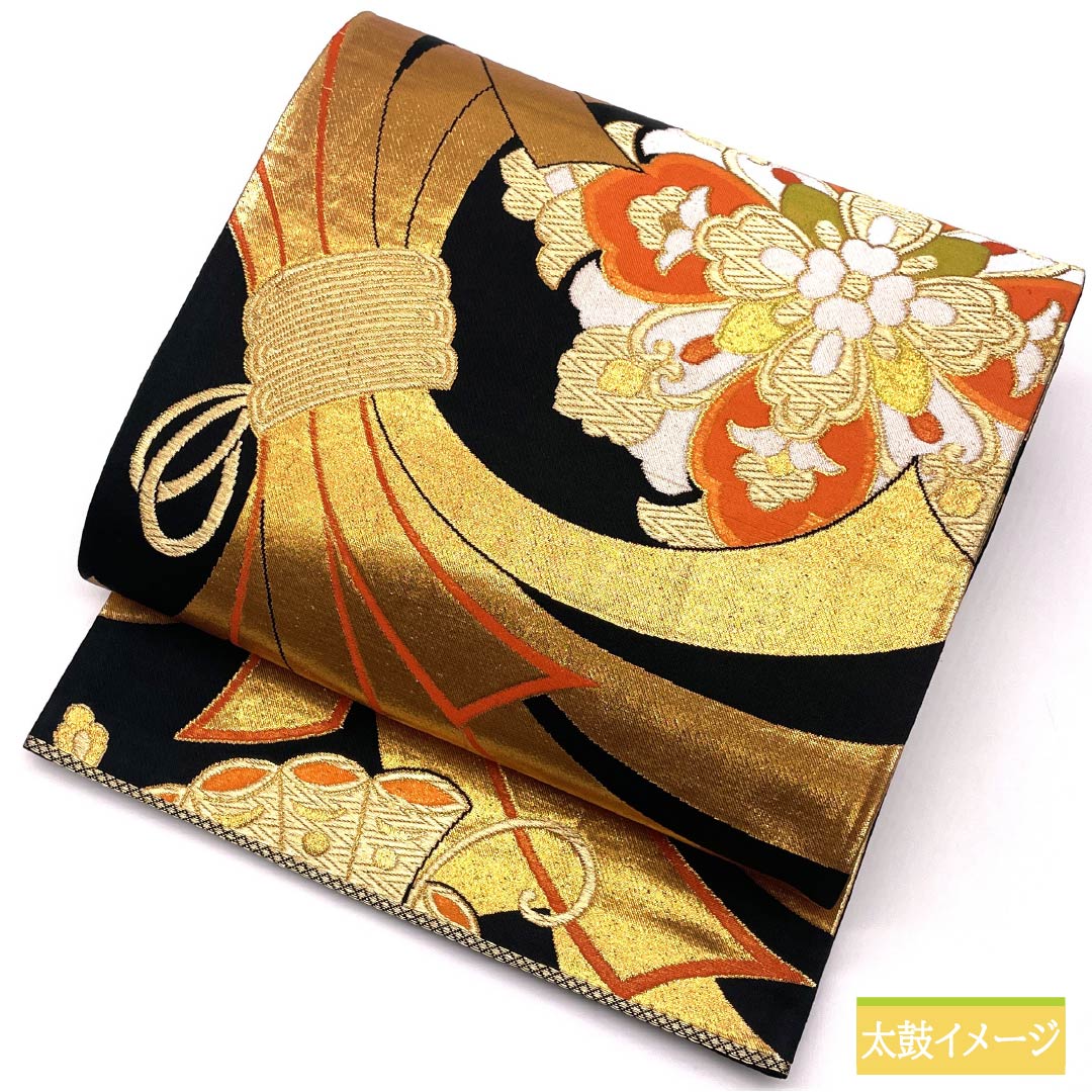 Formal, pure silk obi for furisode (long-sleeved kimono), featuring a tsumuage noshi (strap) and a Hosohana (flower) and butterfly design, length 414cm, S rank, six-fold, black, 1123014552310