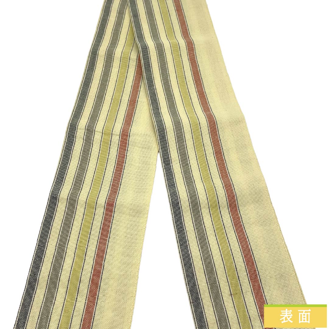 【未仕立】半幅帯 木綿 Aランク 魚子黄色（ぎょしこういろ） 夏帯 縞 帯丈340cm 黄系 1125004363323