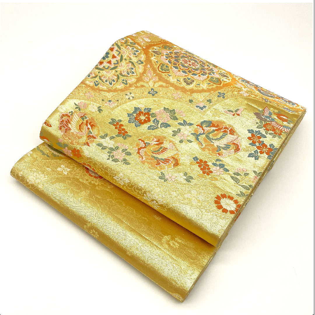 （未仕立）袋帯 吉祥文様 鳥 留袖 帯丈432cm 正絹 NEWランク 六通 フォーマル 金系 1123002441321