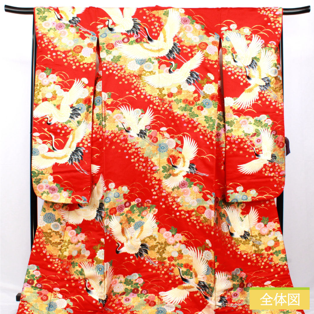 色打掛 正絹 Aランク 身丈194cm 裄丈67cm 唐織 鶴 菊 桜 袷 赤系 1110000953912