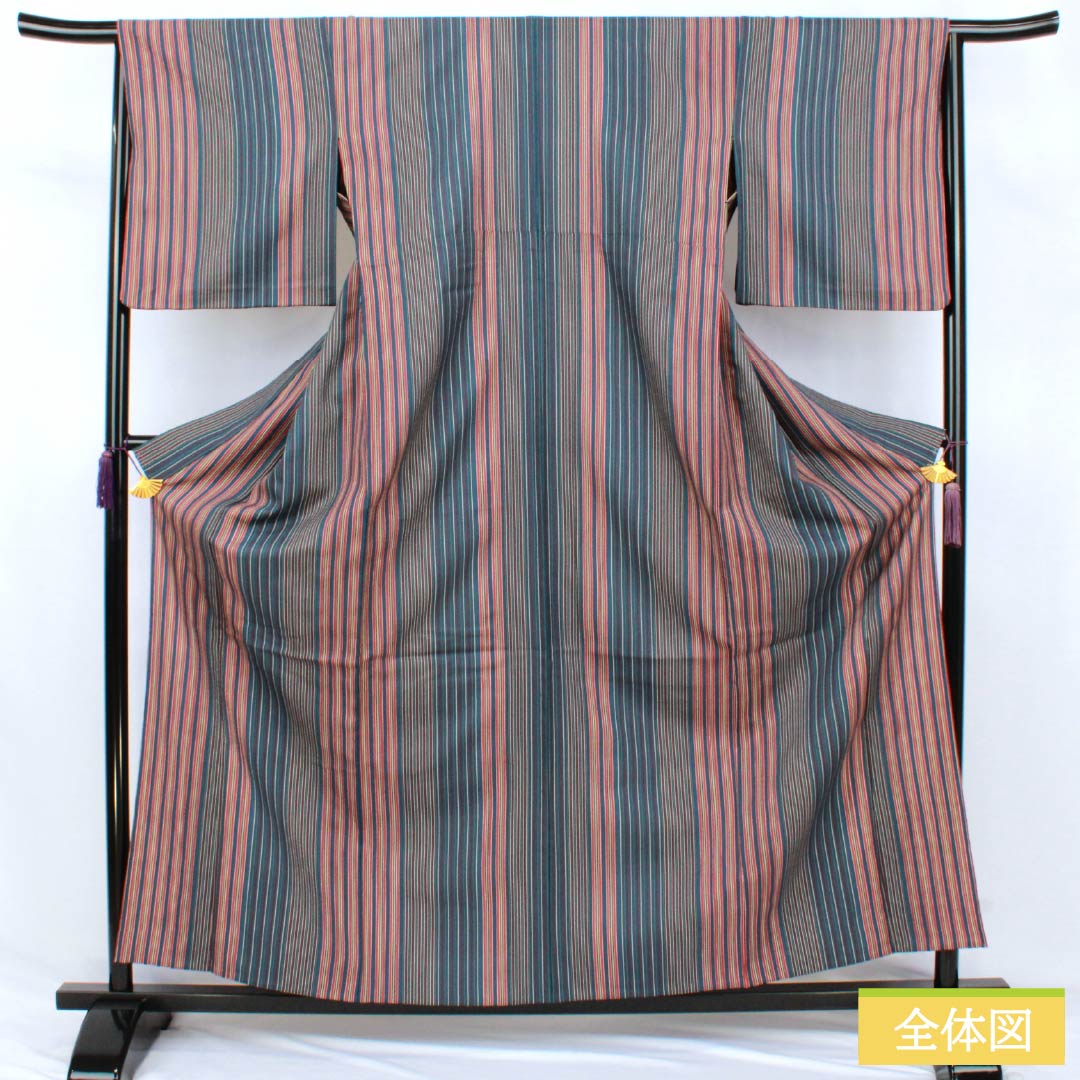 小紋 ポリエステル Sランク 身丈162cm 裄丈65.5cm 単衣 伯林青色（べれんすいろ） 型染 縞 洗える着物 紺系 1115007822418