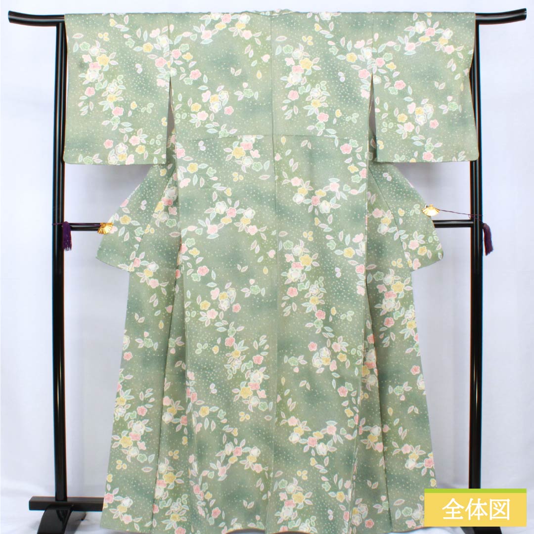 Small-patterned polyester kimono, S rank, length 163.5cm, sleeve length 65cm, lined, Ura-Iro (back leaf color), Kyo-Yuzen Tsujigahana (flower) pattern, green, 1115006822419