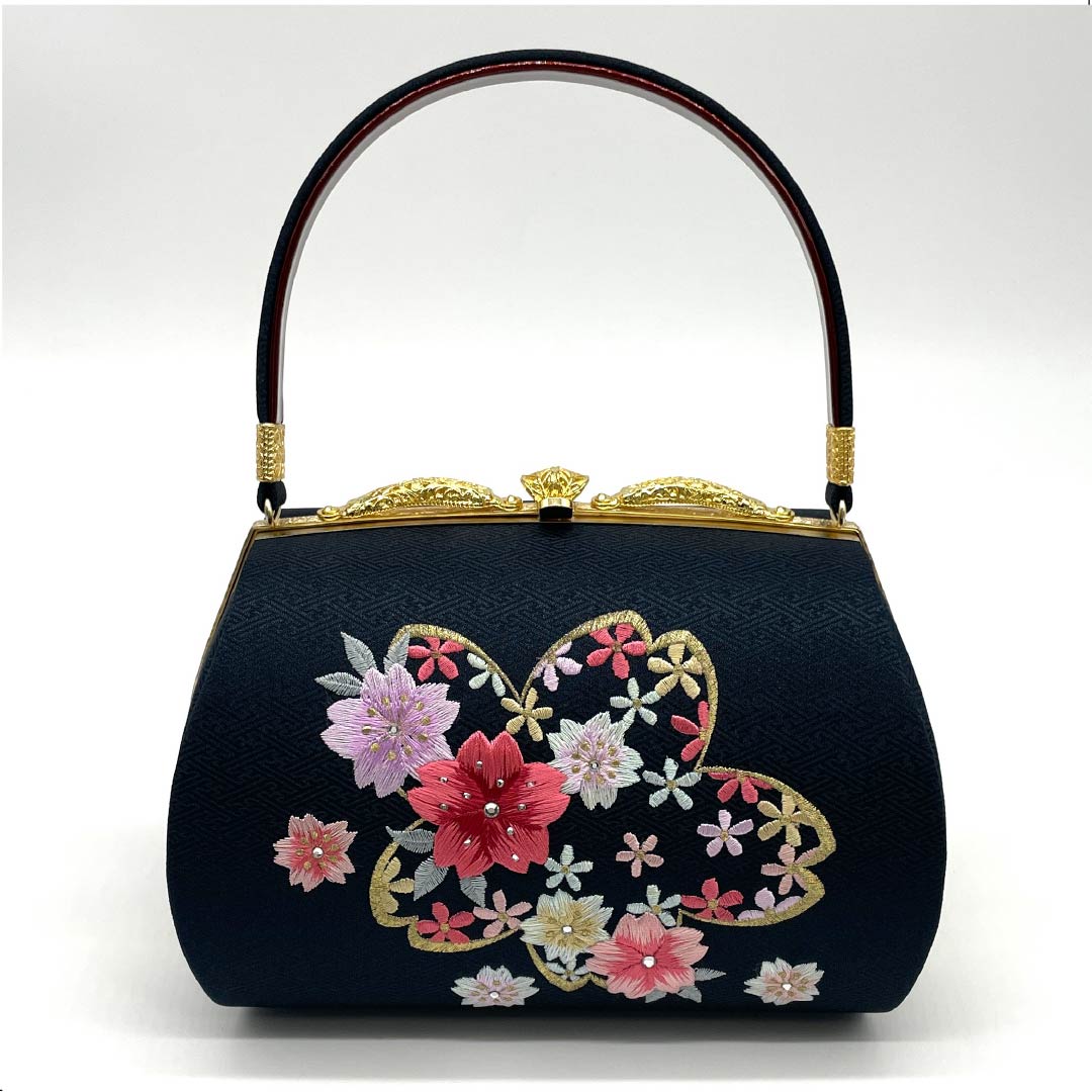 和装バック フォーマル 黒色（くろいろ） 振袖用 刺繍 桜 黒系 Aランク 113900017310