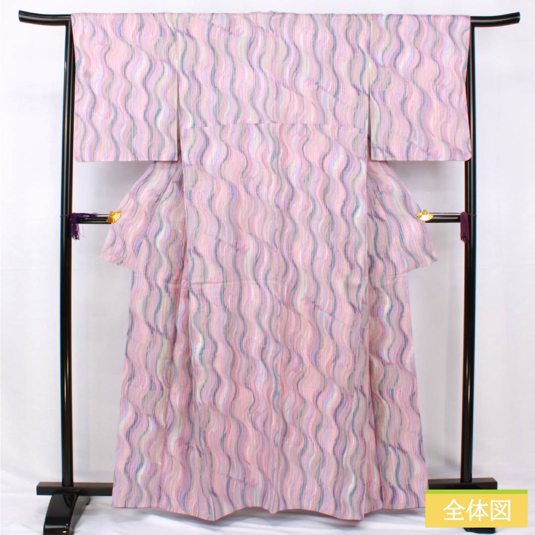 小紋 ポリエステル 身丈161.5cm 裄丈65.5cm 袷 洗える着物 よろけ縞 Sランク グラデーション系 1115005152499