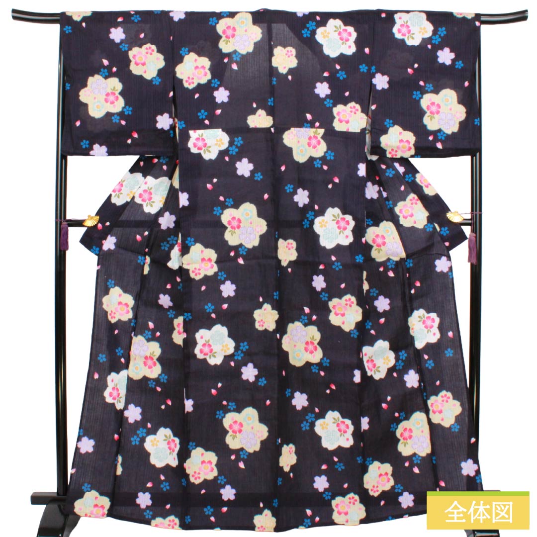 浴衣 木綿 Sランク 身丈165.5cm 裄丈67.5cm 褐色（かちいろ） 桜 型染 単衣 紫系 1118006972520