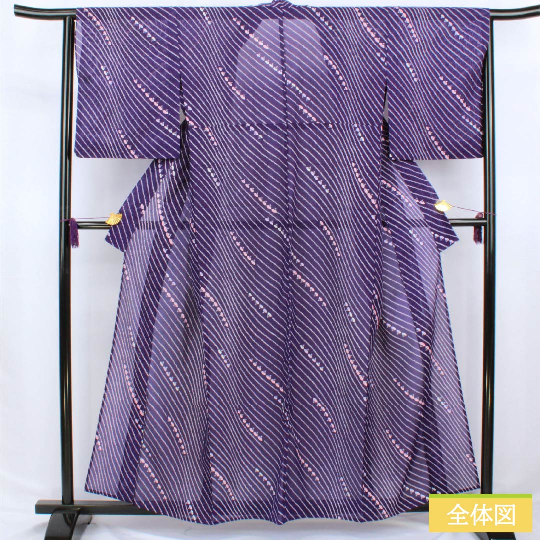夏物 ポリエステル 小紋 身丈160.5cm 裄丈65cm 菫色（すみれいろ） 扇面 洗える着物 絽 Aランク 紫系 1132002543420