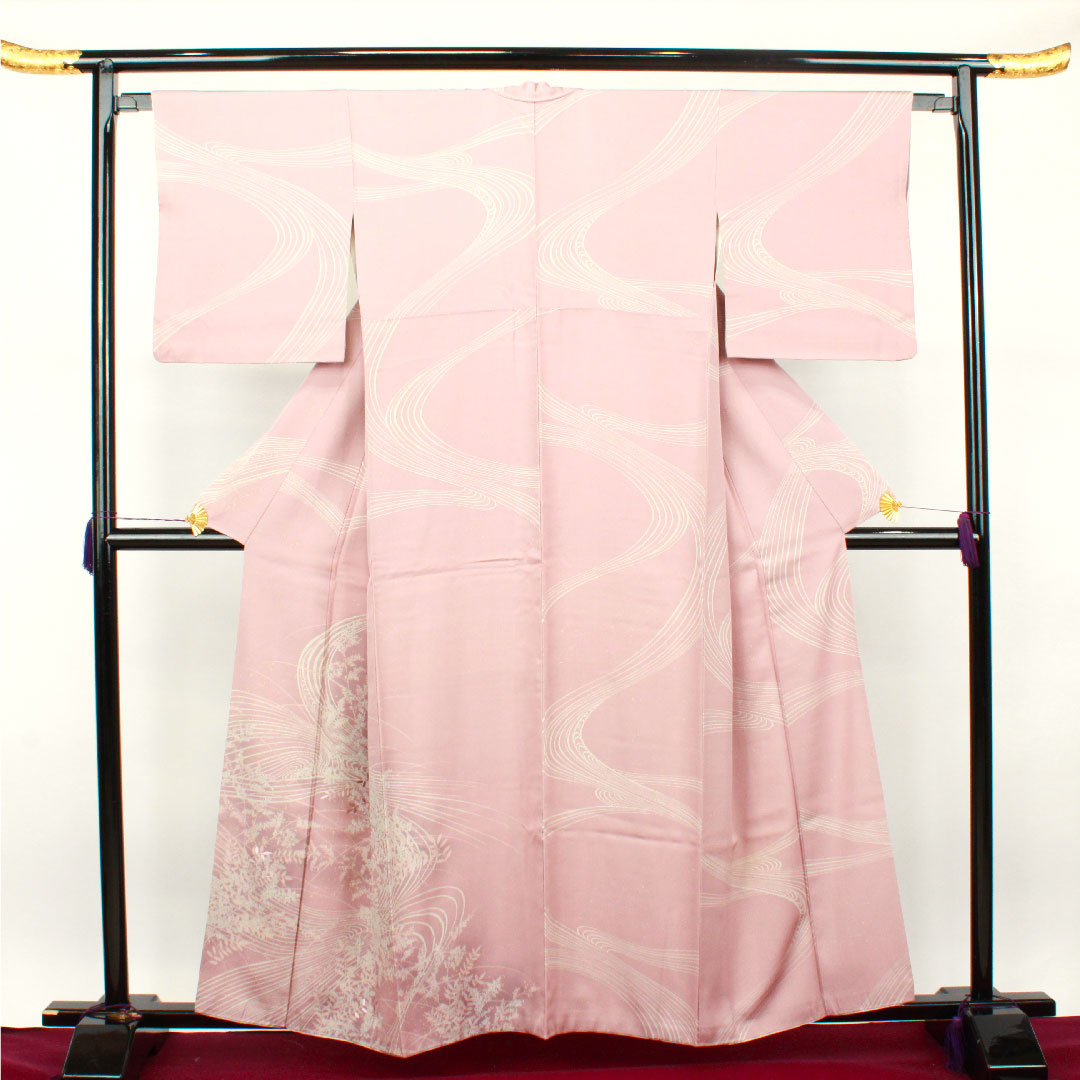 訪問着 袷 身丈157.5cm 裄丈62.5cm 退紅色 流水 草花模様 正絹 Aランク ピンク系 1112002183313