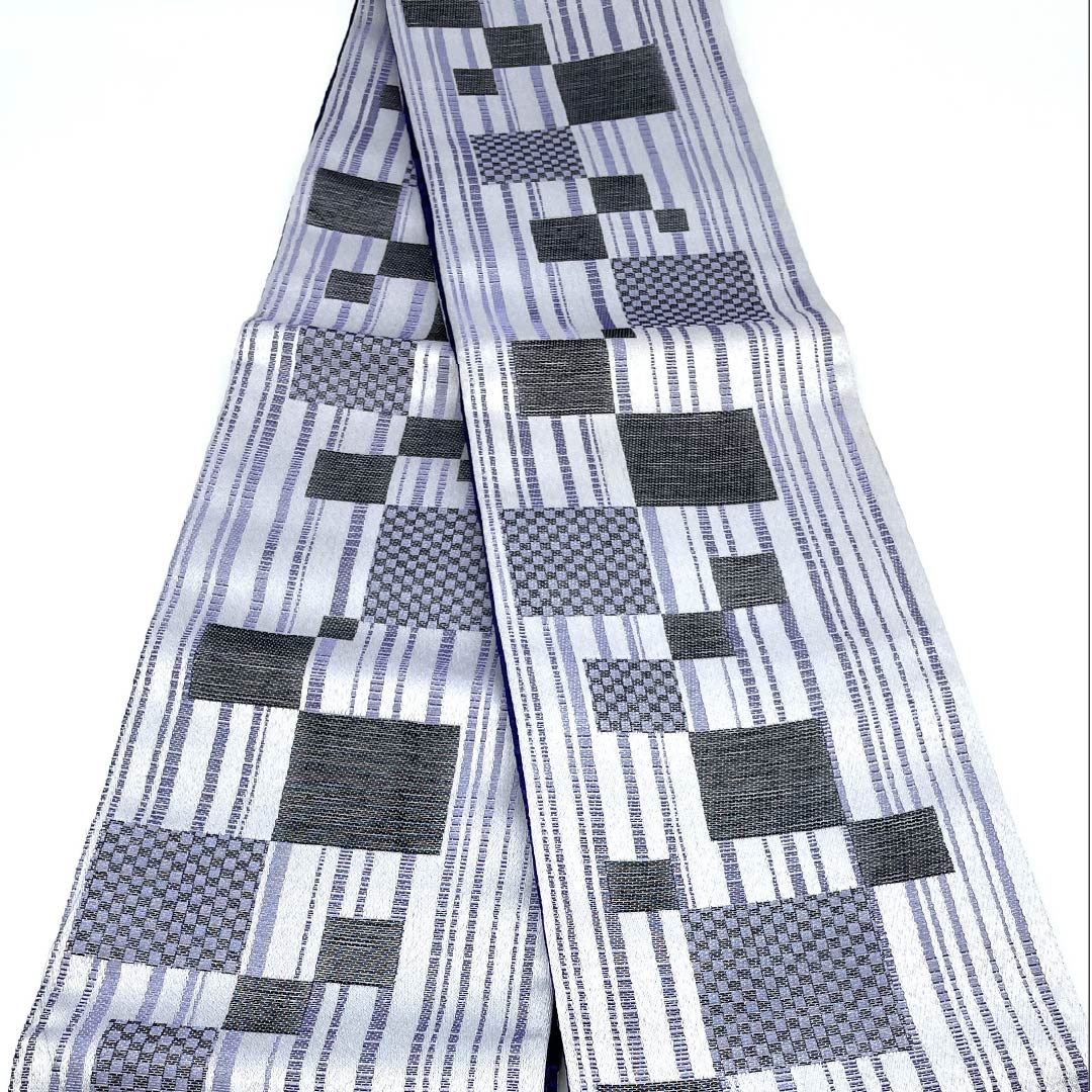 半幅帯 ポリエステル 雪色色（せっしょくいろ） リバーシブル 縞 四角 R・K（リョウコ キクチ） 帯丈416cm グレー系 Sランク 1125001762422