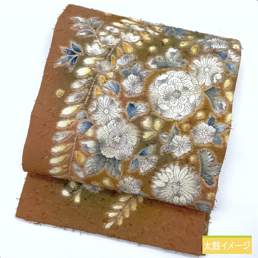 袋帯 正絹 芝翫茶色（しかんちゃいろ） ひげ紬 網織紬 辻ヶ花 帯丈460cm Sランク 六通 セミフォーマル 茶系 1123012262414