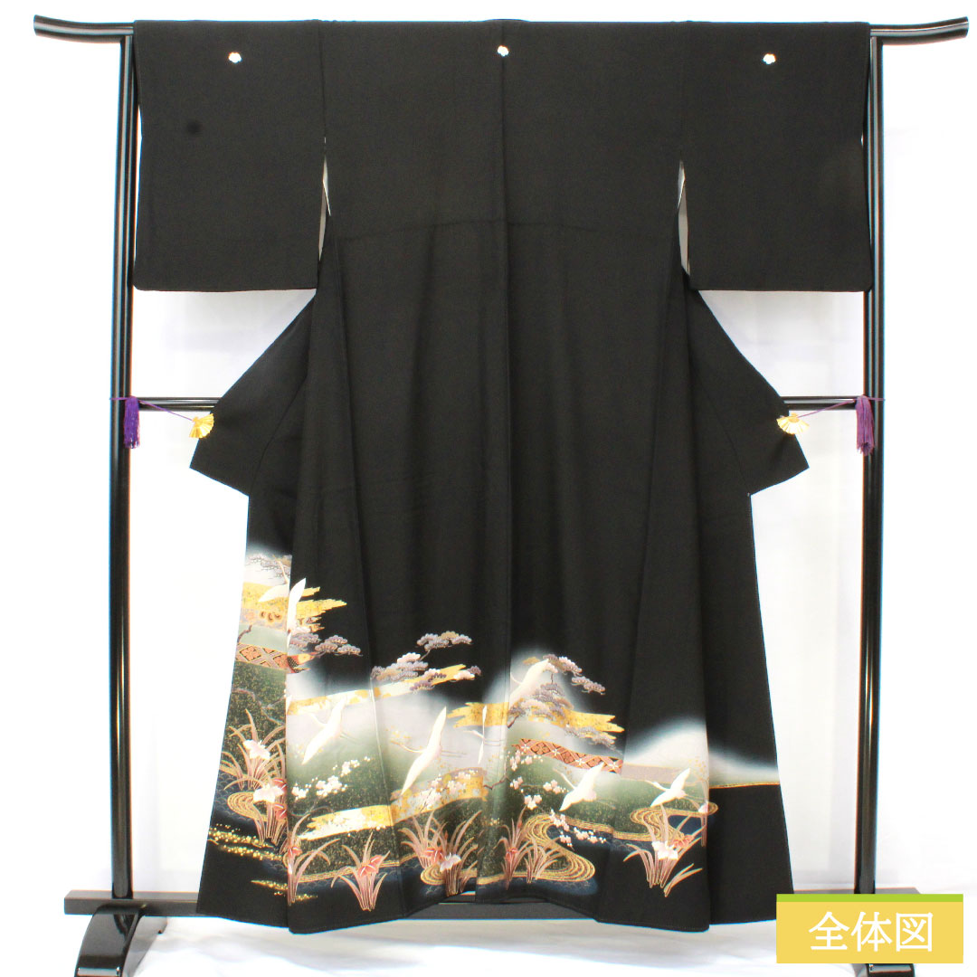 Black formal kimono, pure silk, length 156cm, sleeve length 65cm, lined, Kyoto Yuzen, crane, auspicious motif, five crests, ivy, A rank, black, 1111001753310