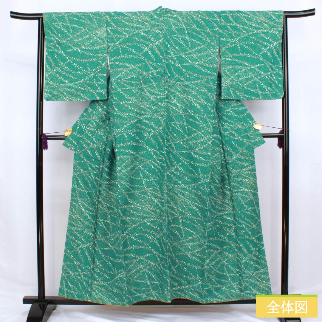 小紋 ポリエステル 身丈156cm 裄丈64cm 袷 中藍色（なかのあいいろ） ドット柄 洗える着物 しつけ糸付き Sランク 緑系 1115006222319