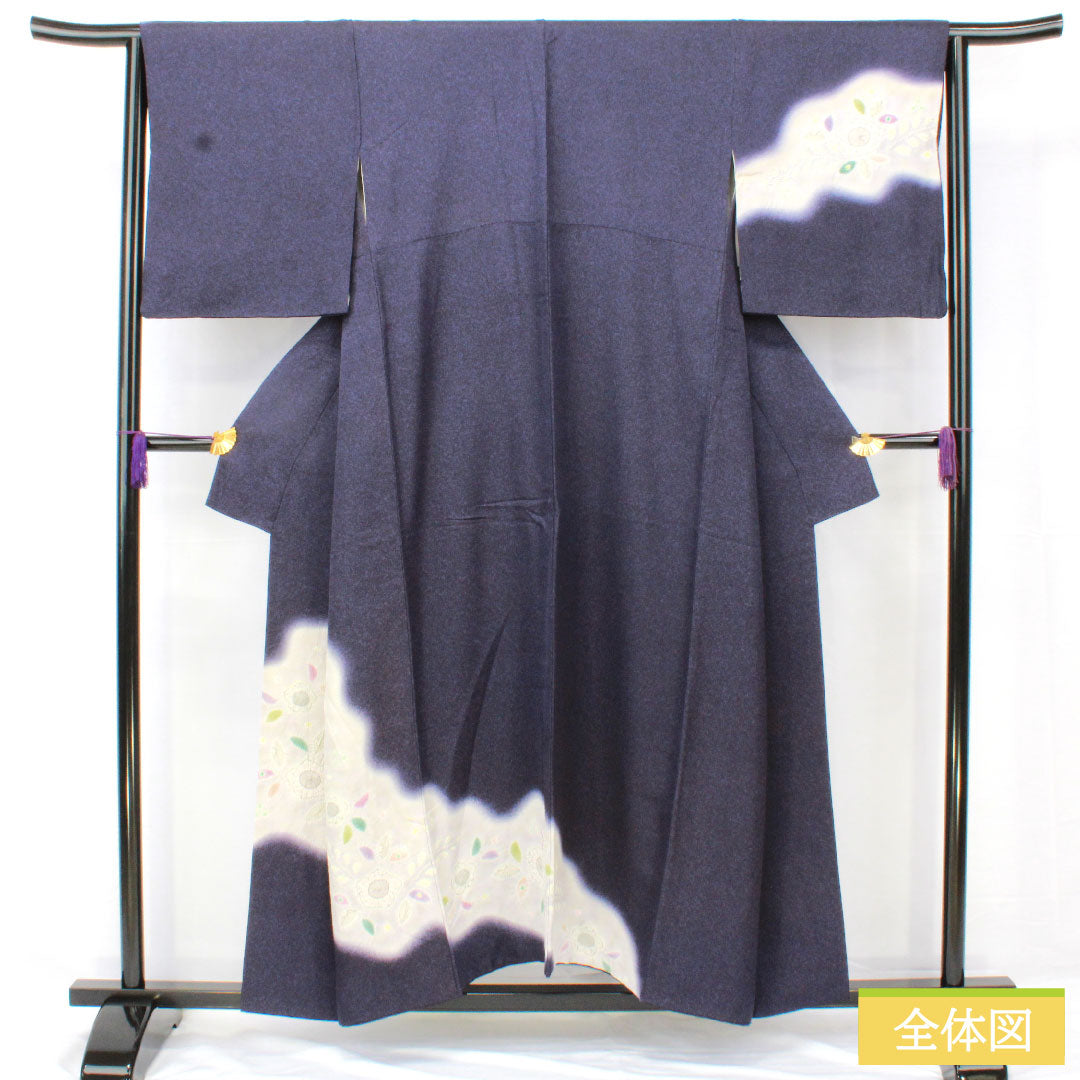 訪問着 正絹 袷 身丈154cm 裄丈63cm 鉄葡萄色（てつぶどういろ） 辻ヶ花 タタキ染 Aランク 紺系 1112005133218