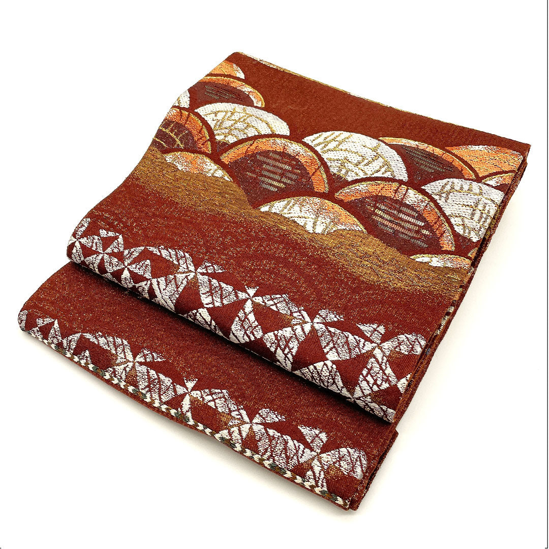 （未仕立）袋帯 横段 幾何学模様 単衣 帯丈449cm 正絹 NEWランク 六通 カジュアル 茶系 1123002541314