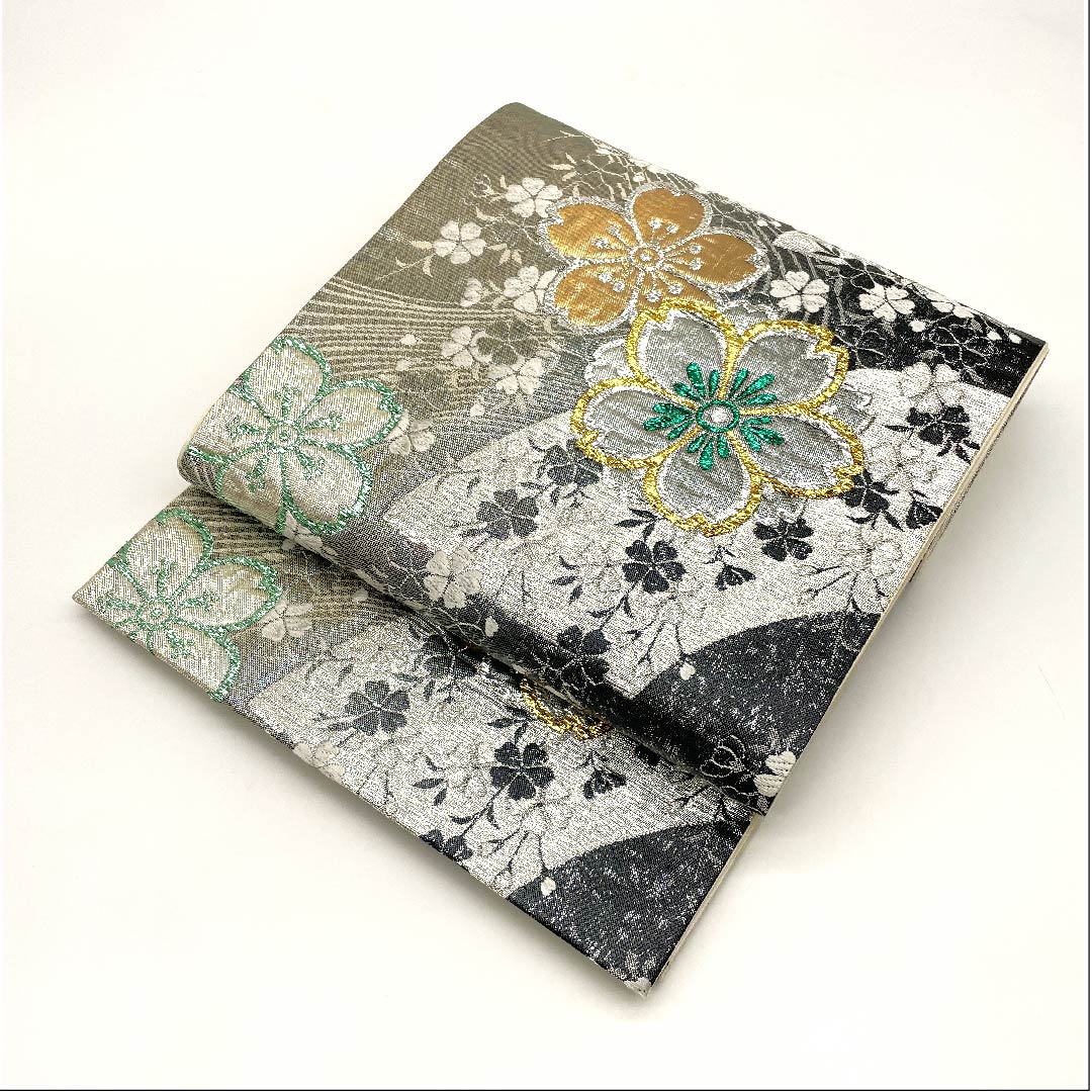 袋帯 シルバー色 桜 流水 振袖用 帯丈430cm 正絹 Sランク 六通 フォーマル 銀系 1123003032322