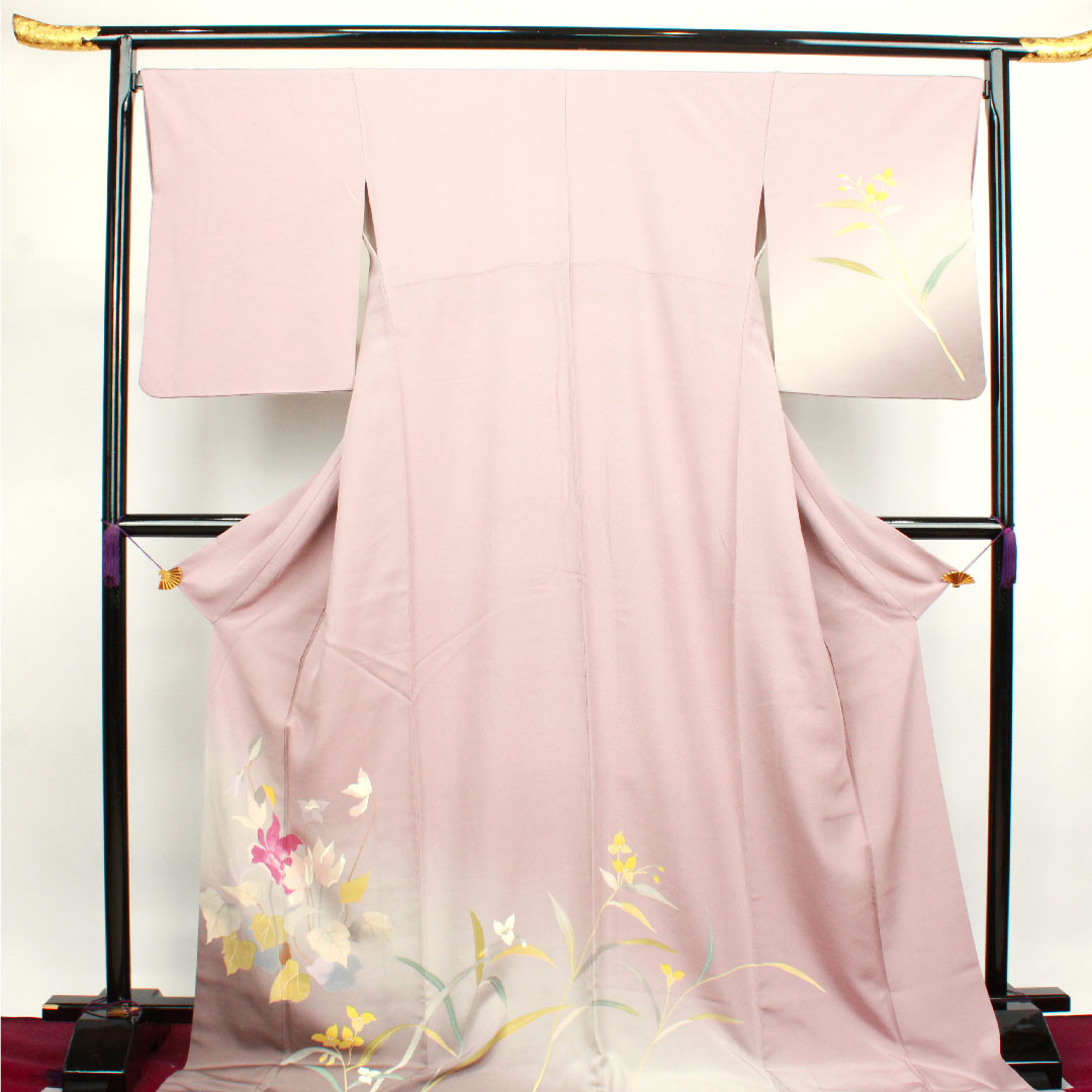 訪問着 袷 身丈180.5cm 裄丈70cm 葡萄色 京友禅 抽象花 正絹 Aランク 紫系 1112002643820