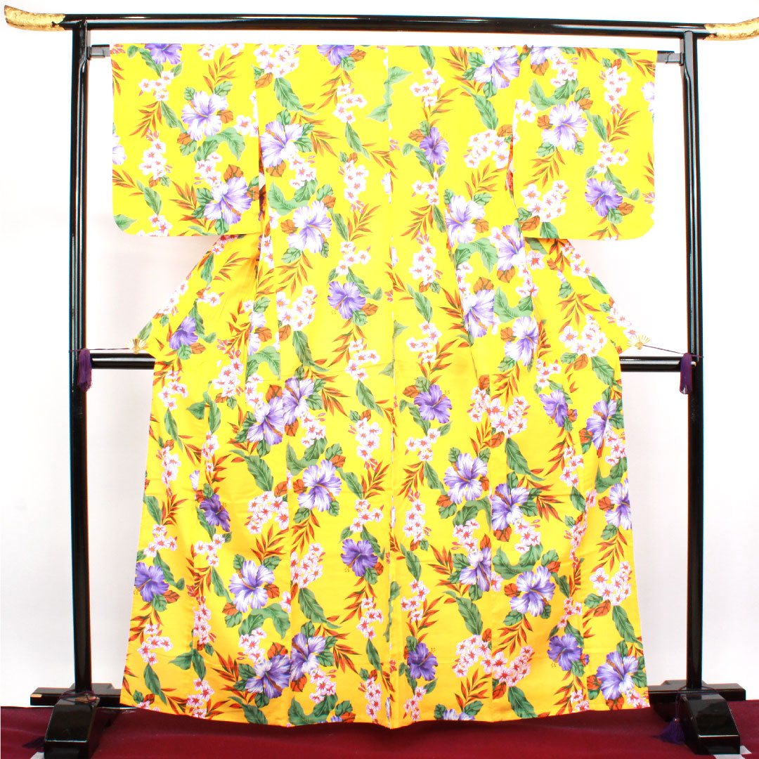 浴衣 山吹色 ハイビスカス 木綿 Sランク 単衣 身丈165cm 裄丈67.5cm 黄系 1118003262523