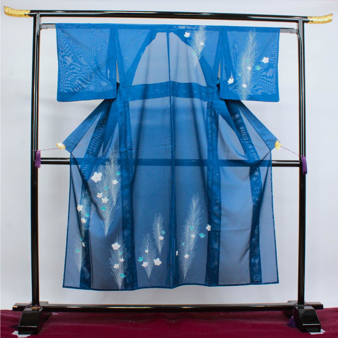 Summer polyester formal kimono, length 148.5cm, sleeve length 62.5cm, indigo blue, floral pattern, silk, S rank, navy blue, 1132000322118