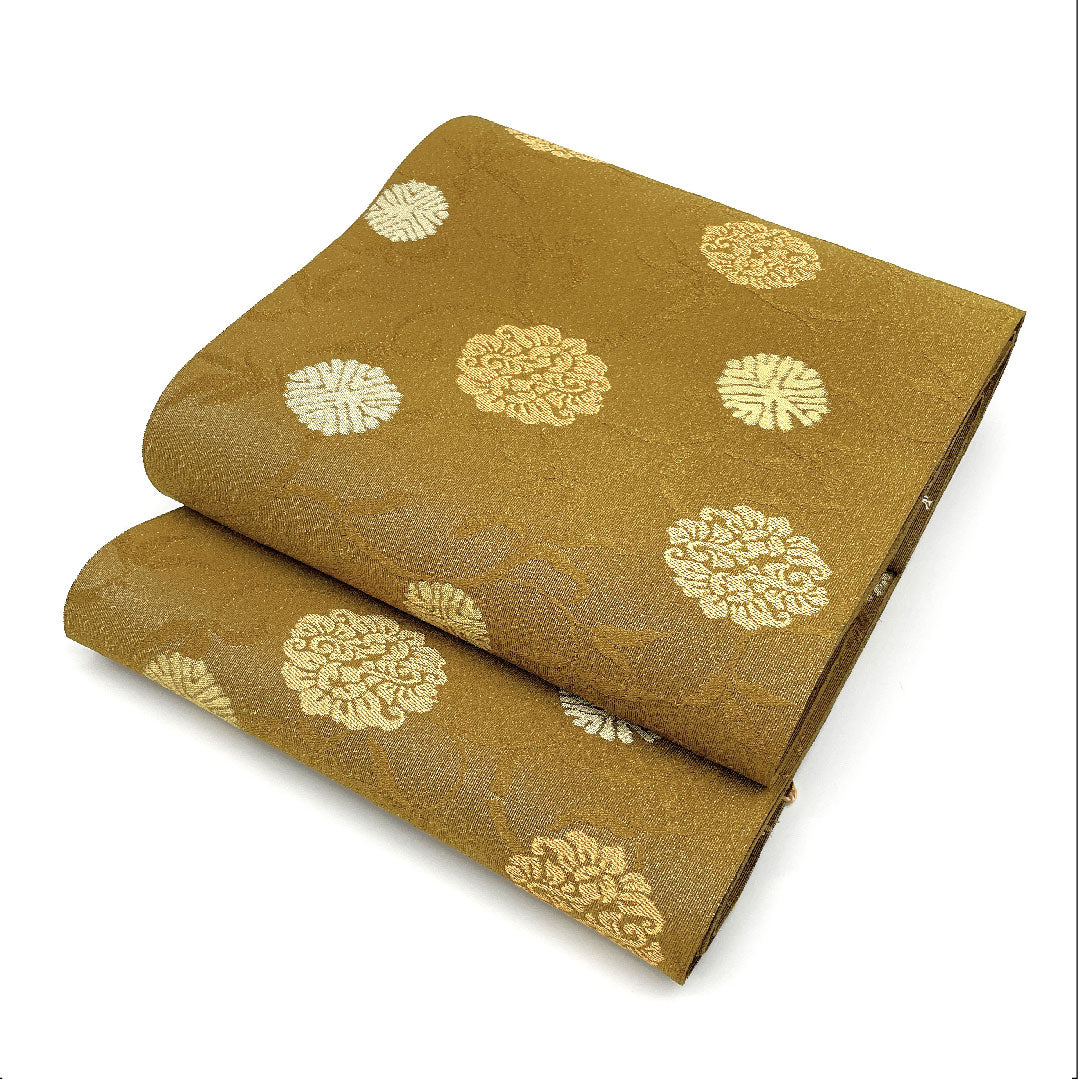 （未仕立）名古屋帯 松葉丸紋 帯丈368cm 正絹 NEWランク 六通 セミフォーマル 黄系 1124001281323