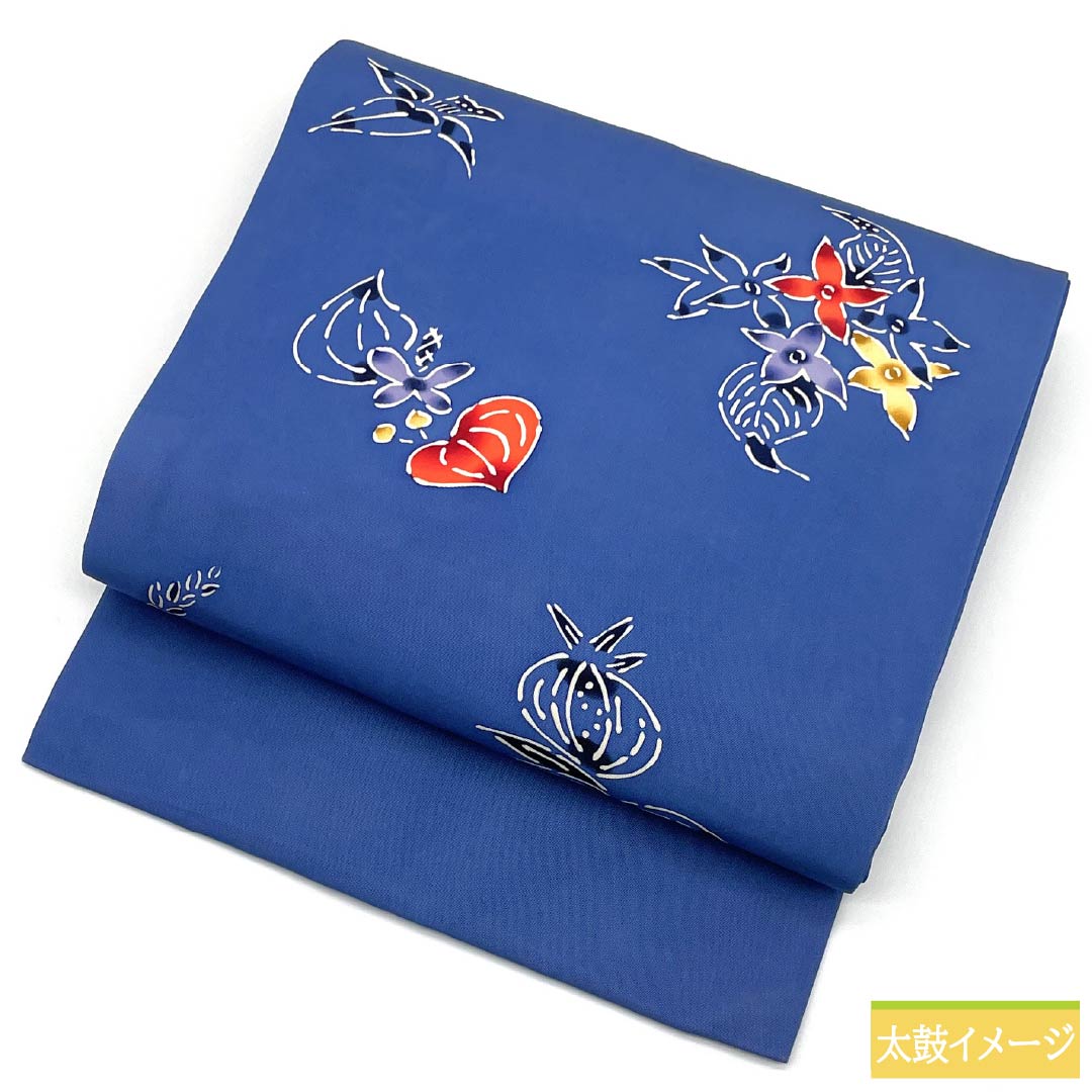 名古屋帯 正絹 Aランク 露草色（つゆくさいろ） 型染 紅型調 花模様 帯丈350cm ポイント柄 カジュアル 青系 1124010583317 名古屋仕立て