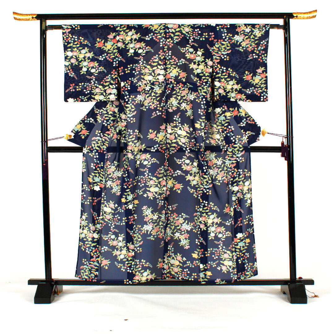 小紋 身丈159cm 裄丈62cm 絽  駒絽 花模様  正絹 Aランク 紺系 1115000743318