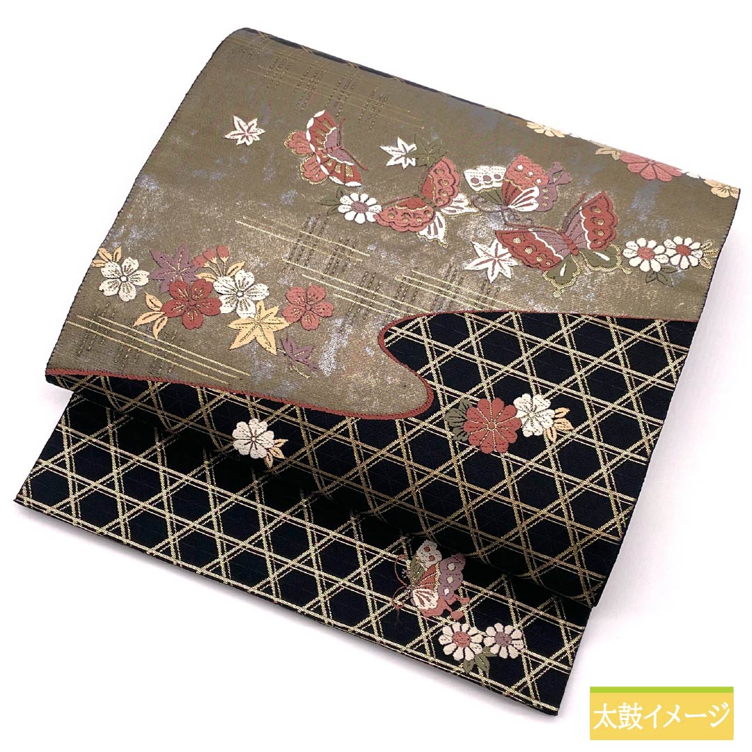 袋帯 正絹 Sランク 籠目 蝶 古典柄 帯丈424cm 全通 セミフォーマル 黒系 1123015342310