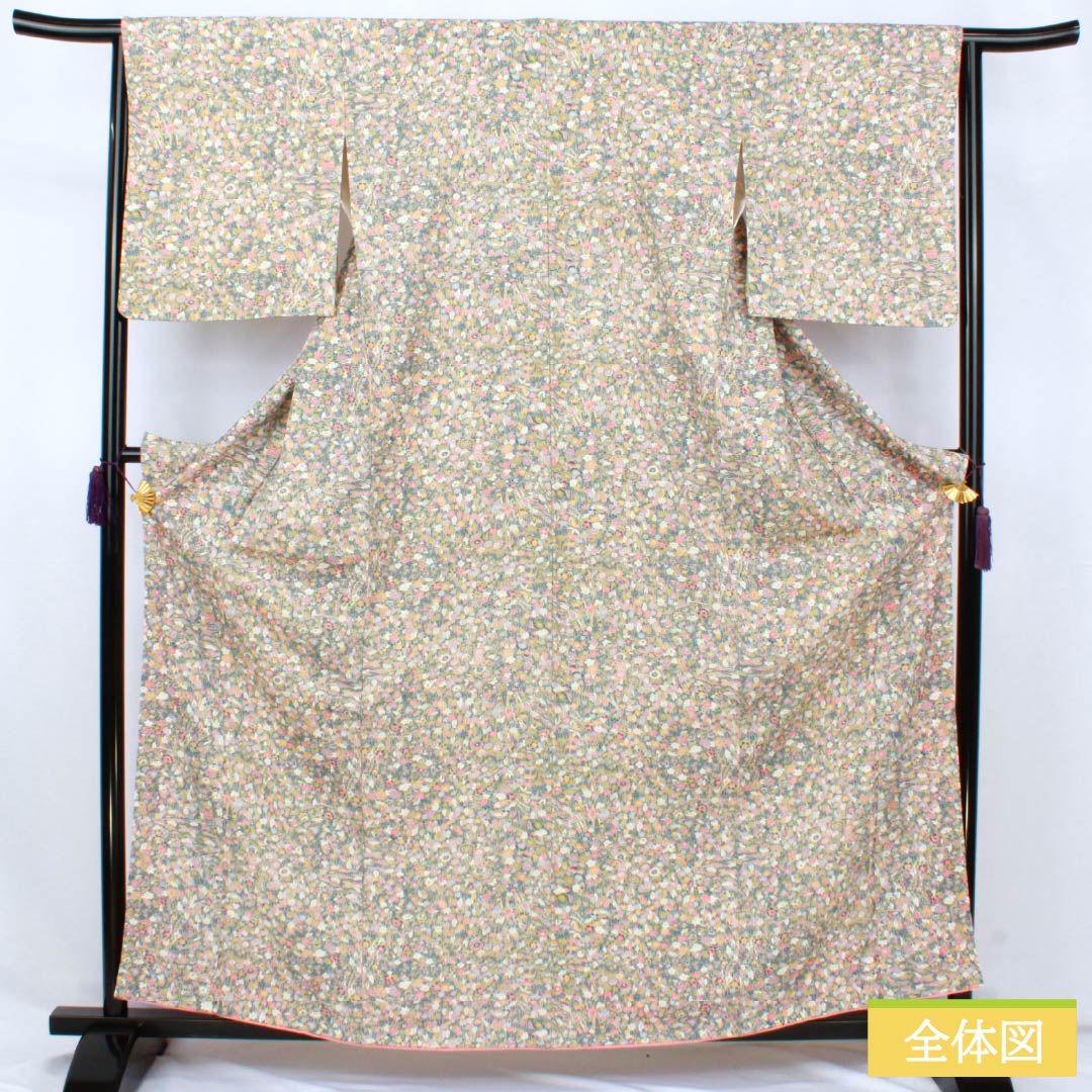 小紋 正絹 Sランク 身丈160cm 裄丈65cm 袷 深川鼠色（ふかがわねずいろ） 総花 緑系 1115007762419