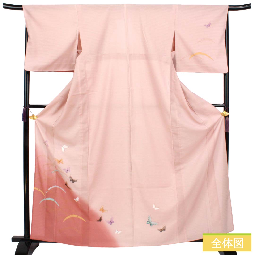 夏物 ポリエステル 付下げ Aランク 身丈165.5cm 裄丈68.5cm 退紅色（あらそめいろ） 洗える着物 露芝 蝶 絽 ピンク系 1132006263513