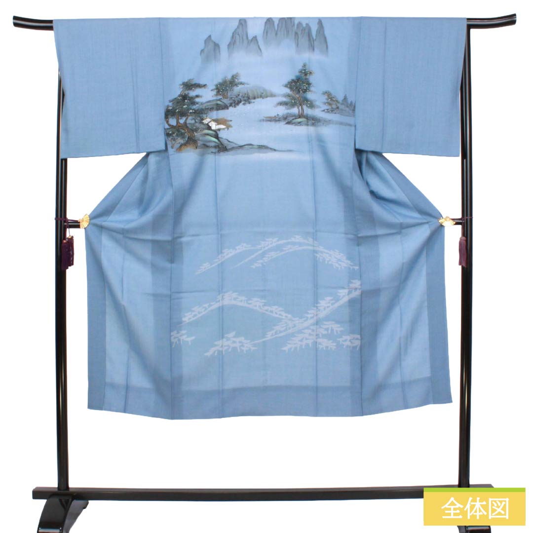 メンズ襦袢 ウール Aランク 身丈137cm 裄丈69cm 勿忘草色（わすれなぐさいろ） 風景画 袷 青系 1140000933317
