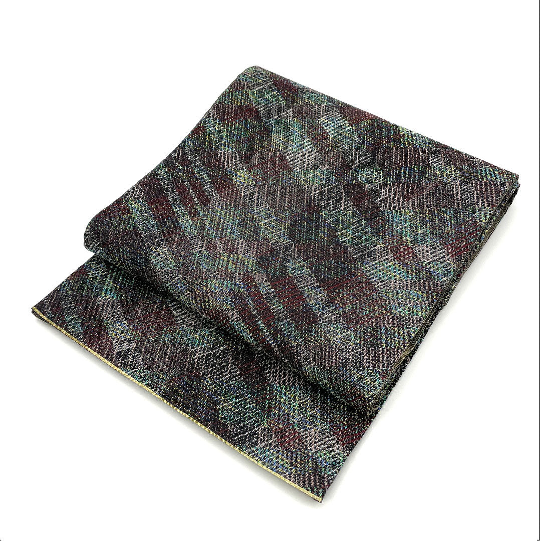 袋帯 幾何学模様 縞 帯丈434cm 正絹 Sランク 六通 カジュアル 紫系 1123003822320