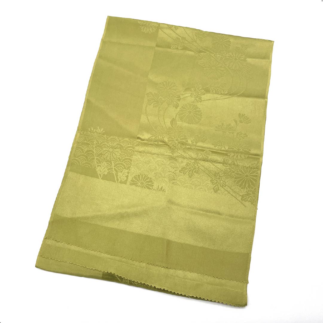 Obiage, pure silk, formal, light yellow, chrysanthemum, Seigaiha, classic pattern, length 174cm, width 30.5cm, S rank, green, 1136000502919