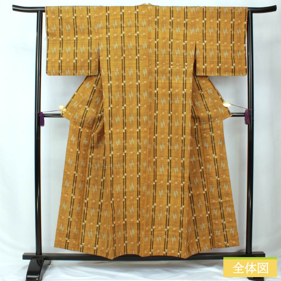 紬 正絹 Sランク 身丈154cm 裄丈62.5cm 黄茶色（きちゃいろ） 絣 単衣 茶系 1116004022214