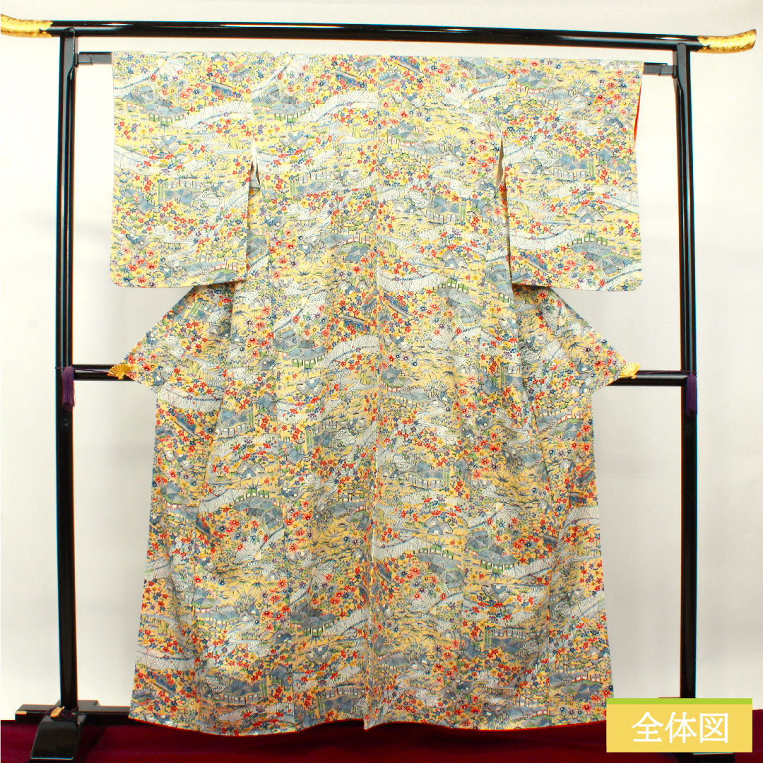 小紋 正絹 身丈158.5cm 裄丈62.5cm 袷  麹色 型染 茶屋辻 しつけ糸付き 未使用品  Sランク 黄系 1115003792323