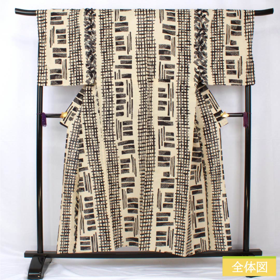 浴衣 綿麻 身丈154cm 裄丈71.5cm Aランク 単衣 ベージュ系 砥粉色（とのこいろ） 男物 幾何学模様 1118005423225