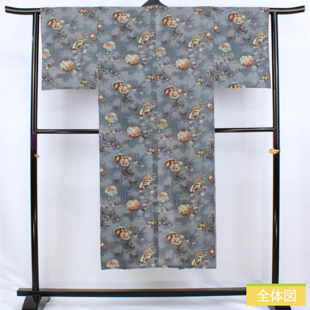 Men's wool nagajuban (long under-kimono), S-rank, length 140cm, sleeve length 62cm, gray-blue color, featuring auspicious motifs of pine, bamboo, and plum blossoms on a fan, gray-based, single-layer, 1140000732422