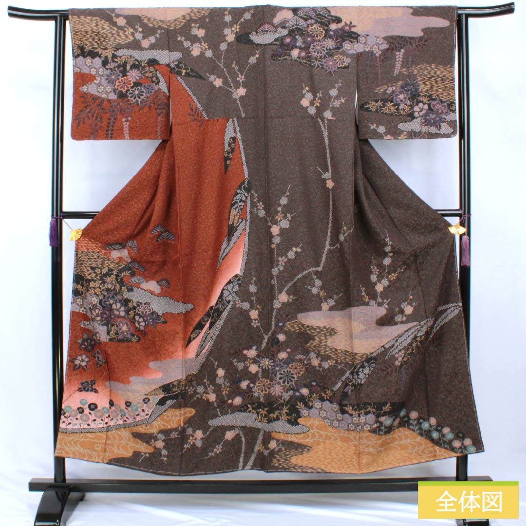訪問着 正絹 Sランク 袷 身丈153cm 裄丈63cm 消炭色（けしずみいろ） 朱殷色（しゅあんいろ） 京友禅 絞り 銀通し 古典柄 マルチカラー 1112007702228