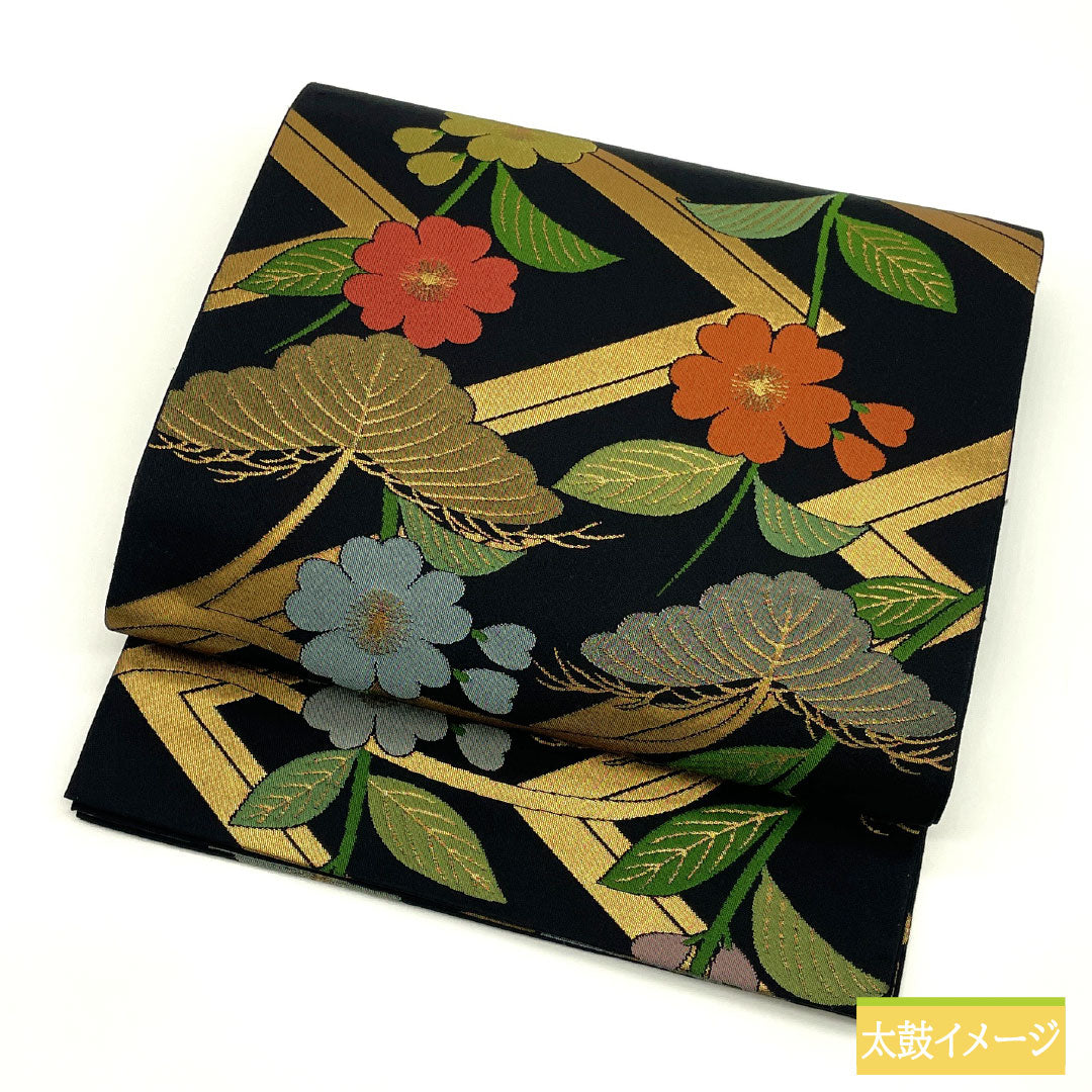 袋帯 正絹 Sランク 織悦 西陣織 吉祥文様   帯丈436cm 全通 セミフォーマル 黒系 1123017402310