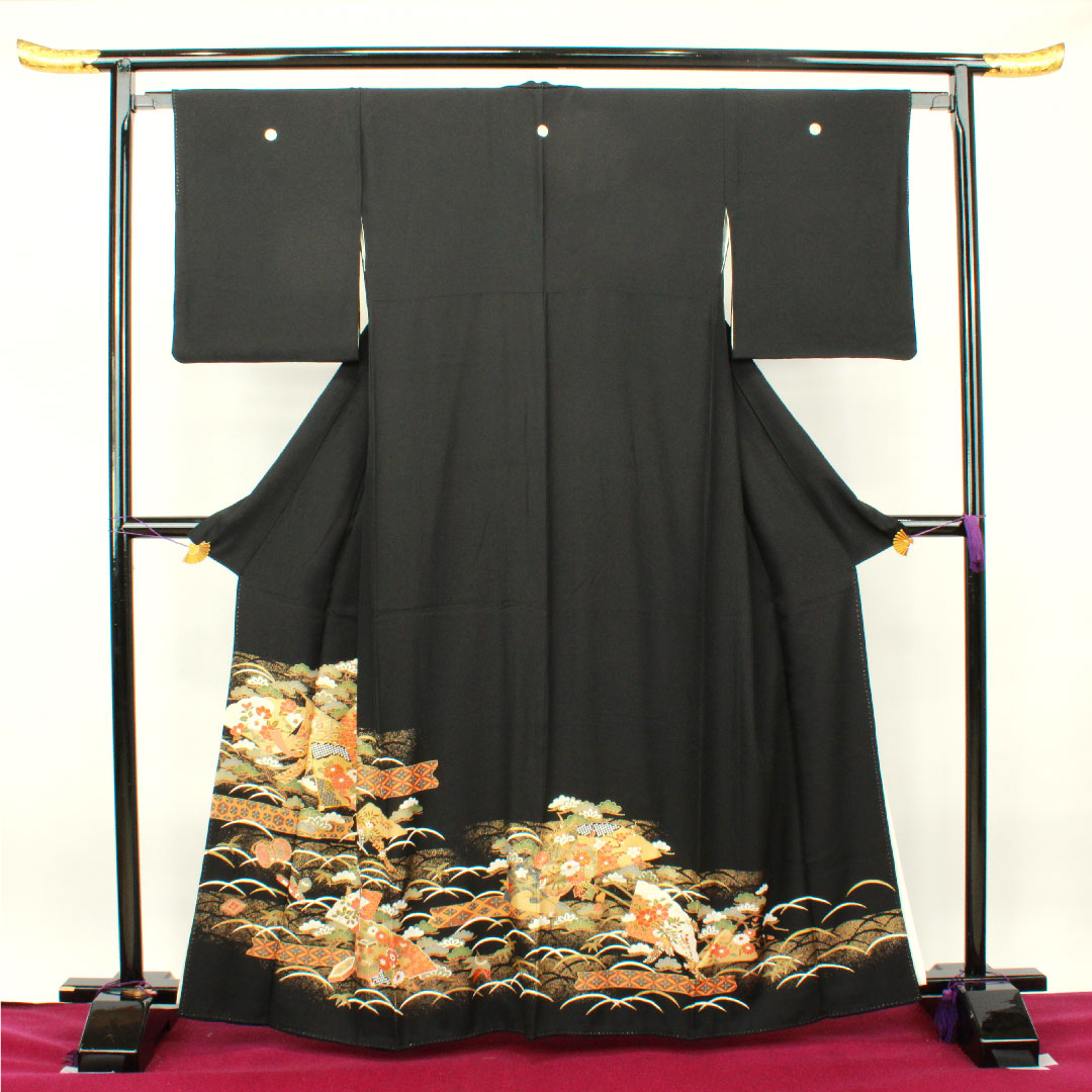 黒留袖 身丈164cm 裄丈62.5cm 袷 京友禅 吉祥文様 丸に三つ巴 正絹 Sランク 五つ紋 黒系 1111000592410