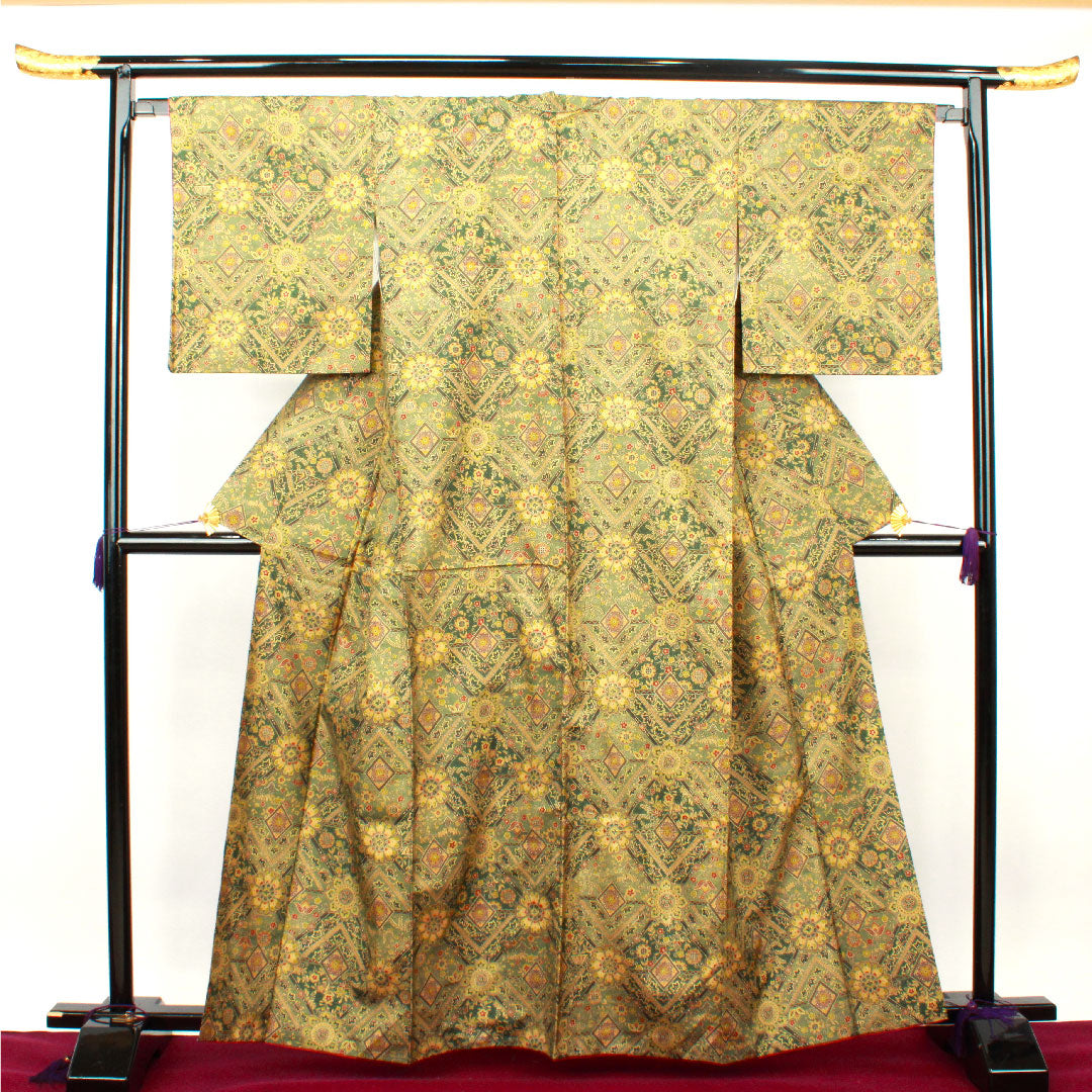 小紋 身丈162cm 裄丈65.5cm 袷  黒木賊色 更紗模様  正絹 Aランク 緑系 1115002703419