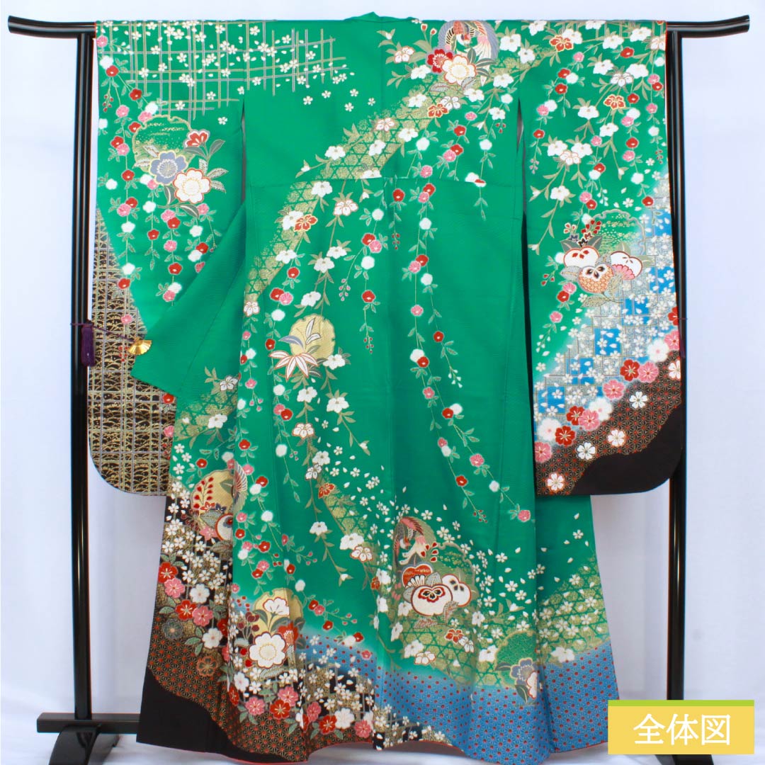 振袖 正絹 Aランク 身丈161cm 裄丈63.5cm 袷 真鴨色（まかもいろ） 吉祥文様 鳳凰 梅 桜 橘 緑系 1113002253419