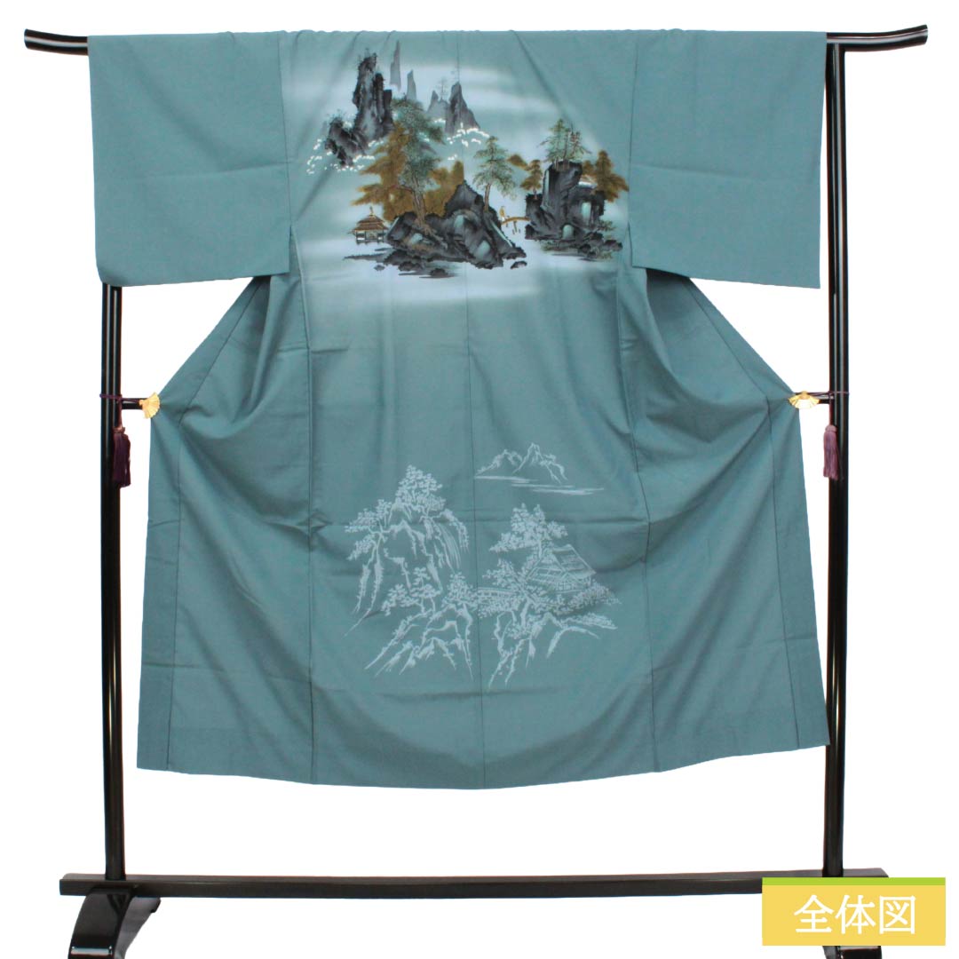 メンズ襦袢 ポリエステル Sランク 身丈143cm 裄丈69cm 藍砥茶色（あいとのちゃいろ） 風景画 単衣 青系 1140000802417