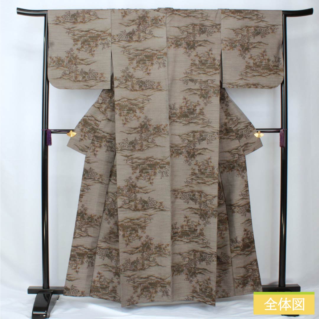 紬 正絹 身丈161.5cm 裄丈66cm 京極生壁色（きょうごくなまかべいろ） 風景模様 居敷当て付き Sランク 単衣 グレー系 1116003802422