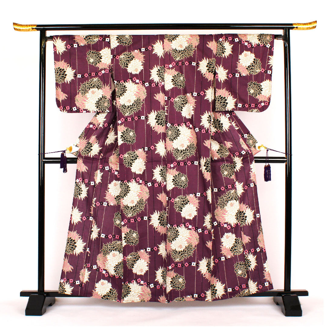 （新古品）浴衣 菊 木綿 Sランク 単衣 身丈163.5cm 裄丈67cm 紫系 1118000152420