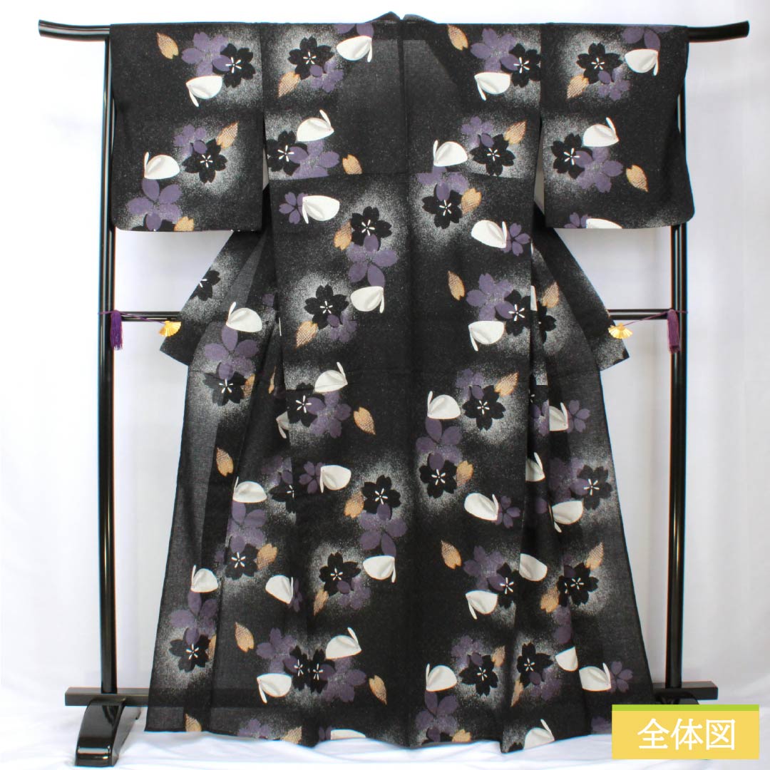 浴衣 木綿 身丈165.5cm 裄丈67.5cm Sランク 単衣 黒系 桜 雪うさぎ 1118006092510