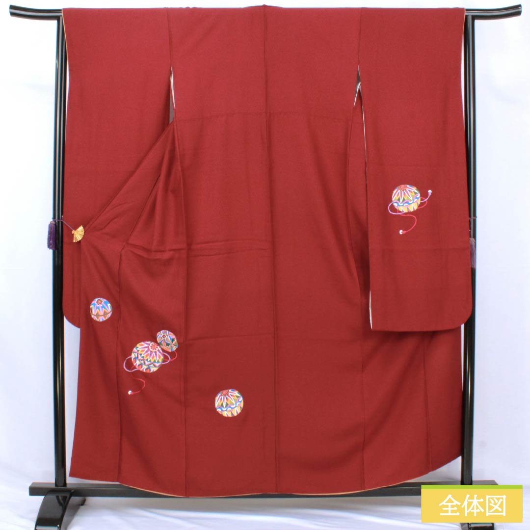 振袖 正絹 Sランク 身丈157cm 裄丈64cm 袷 臙脂色（えんじいろ） 蘇州刺繡 手毬 赤系 1113002802312