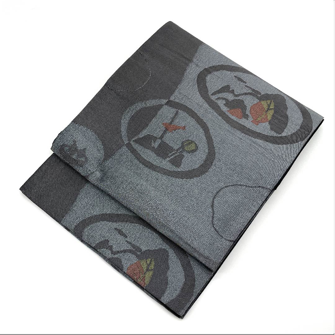 名古屋帯 京袋帯 具墨色 抽象模様 帯丈380cm ポリ Aランク 六通 セミフォーマル グレー系 1124003303322  開き仕立て