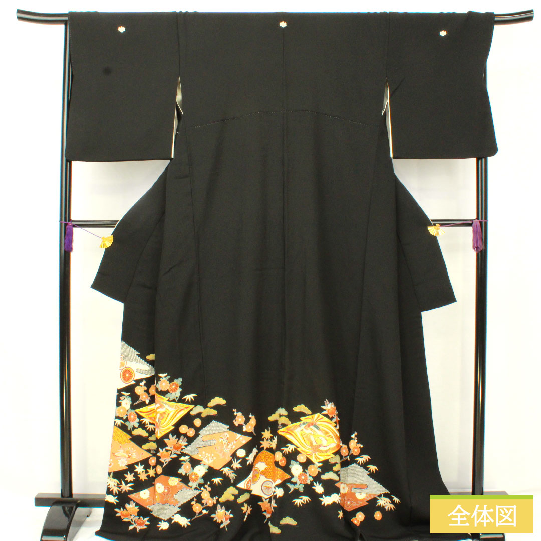 Black formal kimono, pure silk, length 169cm, sleeve length 67.5cm, lined, Kyoto Yuzen, auspicious pattern, five crests, five-three paulownia, A rank, black, 1111001473510