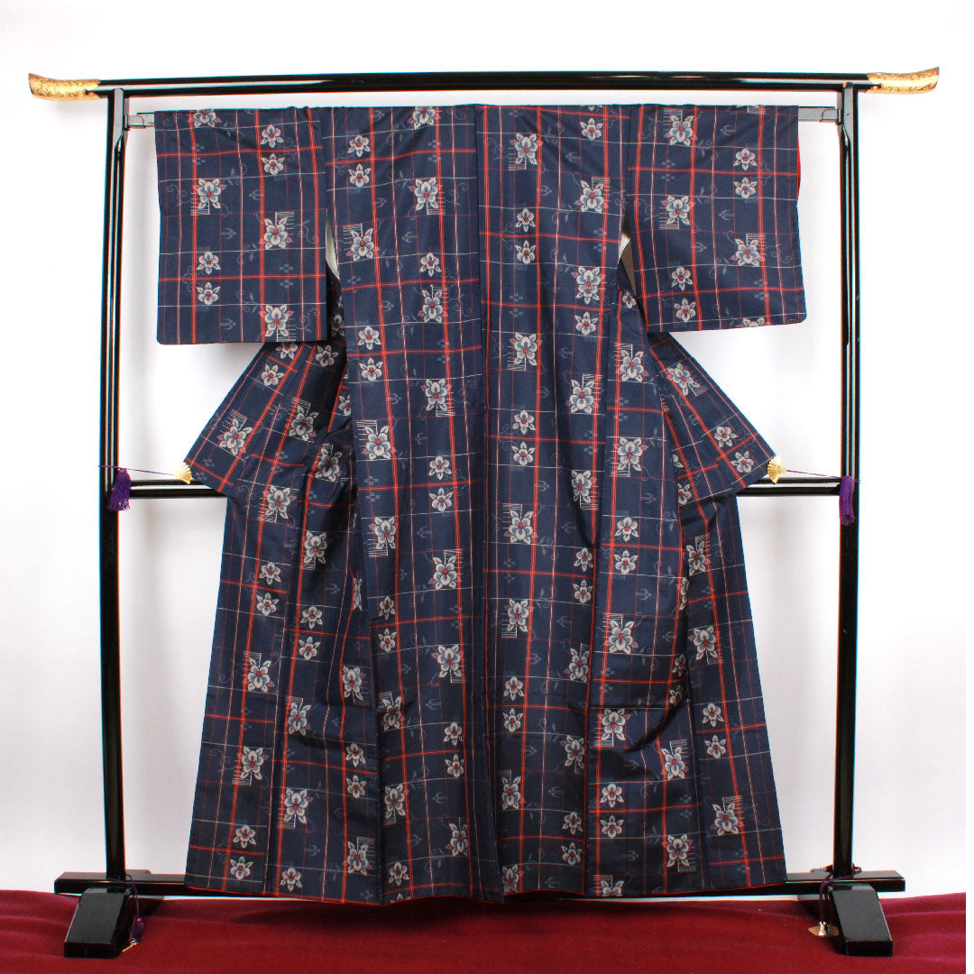 村山大島 身丈160cm 裄丈64.5cm アンサンブル 格子 花模様 正絹 Sランク 袷 紺系 1116001932418