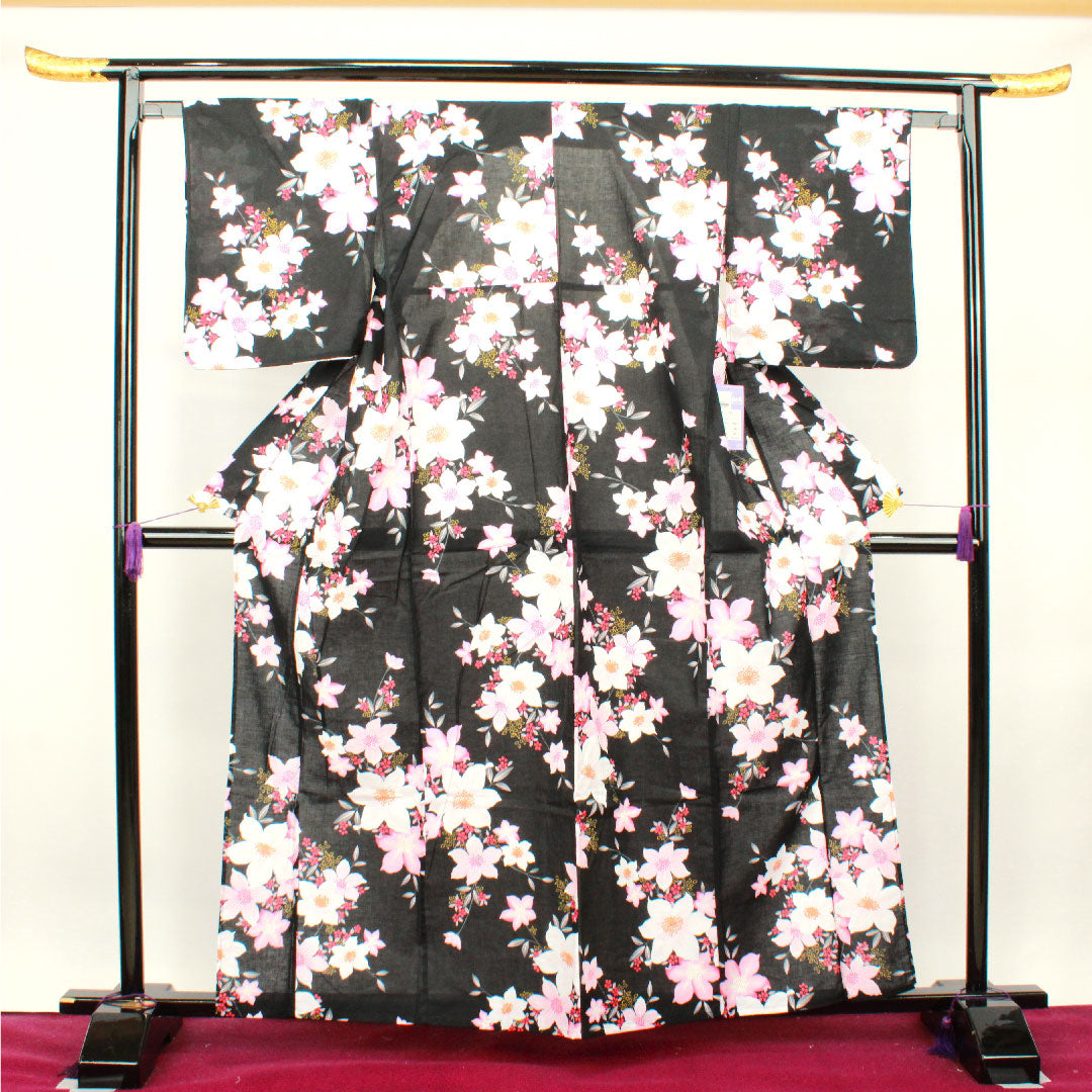 浴衣 花模様 木綿 Sランク 単衣 身丈162cm 裄丈67cm 黒系 1118001162410