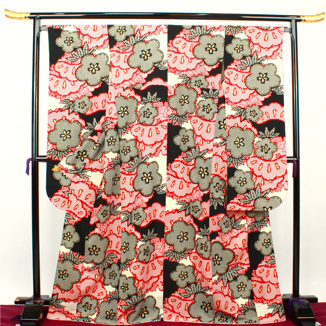 振袖 身丈170.5cm 裄丈67cm 袷  モノトーン 洗える着物 松竹梅  ポリ Sランク 黒系 1113001322610